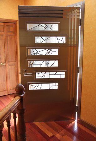 Abstract leaded clear textured glass and bevels entryway for Securall Doors